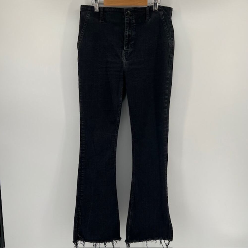 We The Free Faded Black Flare Denim Jeans Women 31 Raw Hem Boho Festival Stretch